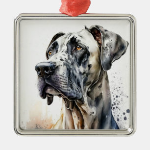 MOOIE WATERVERF ZWART & WIT GROTE DEENSE HOND METALEN ORNAMENT