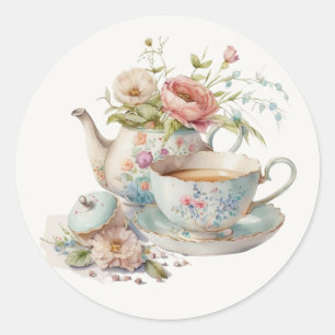 Mooie waterverfteepot met bloemboeket klassieker ronde sticker