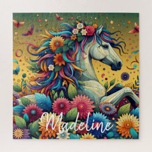 Mooie Whimsical Kleurrijke Bloemen en Witte Paard Legpuzzel