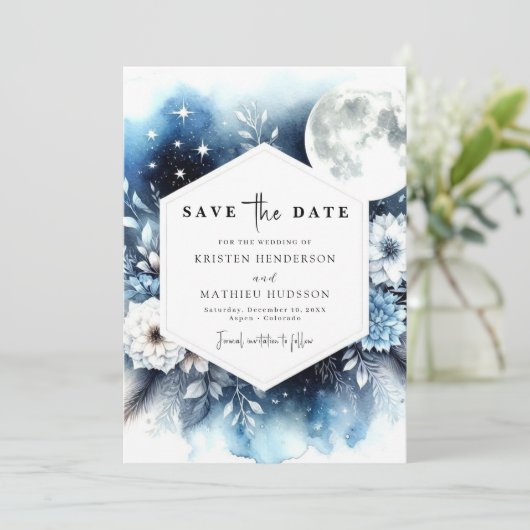 Mooie Whimsy Moonlit bruiloft Save The Date (Staand voorkant)