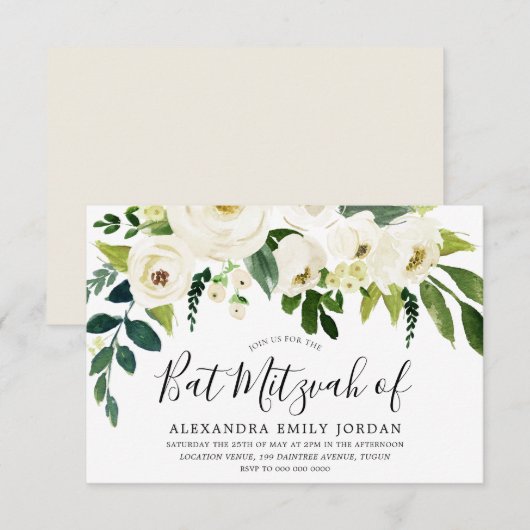 Mooie White Flowers Bar Mitzvah Bat Mitzvah Kaart (Voorkant / Achterkant)