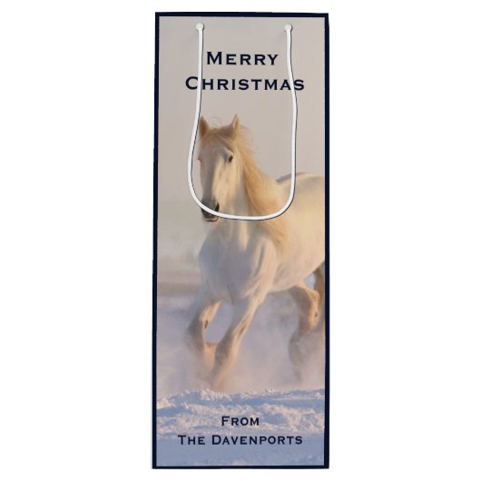 Mooie White Horse Galloping in Sneeuwkerstmis Wijn Cadeautas (Voorkant)