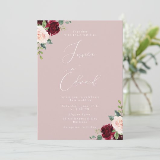 Mooie wijn & blush elegantie bruiloft kaart (Staand voorkant)