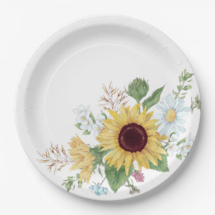 Mooie wilde bloemen met zonnebloem en madeliefje papieren bordje