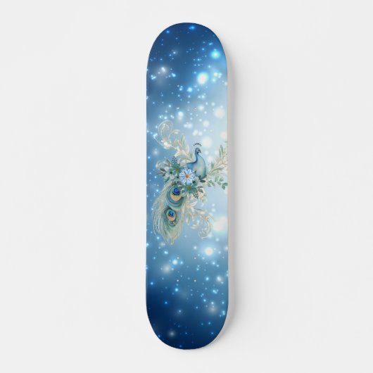 Mooie winter blauwe bloemenpauw skateboard (Voorkant)
