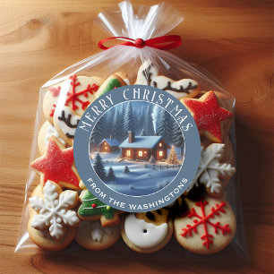 Mooie Winter Cabin Gepersonaliseerde Kerstmis Ronde Sticker