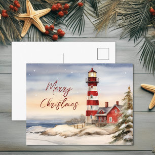 Mooie Winter Vuurtoren Scène Vrolijke Kerstmis Feestdagenkaart