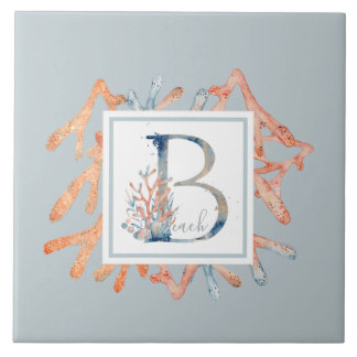 Mooie winterhemel blauw koraalmonogram tegeltje