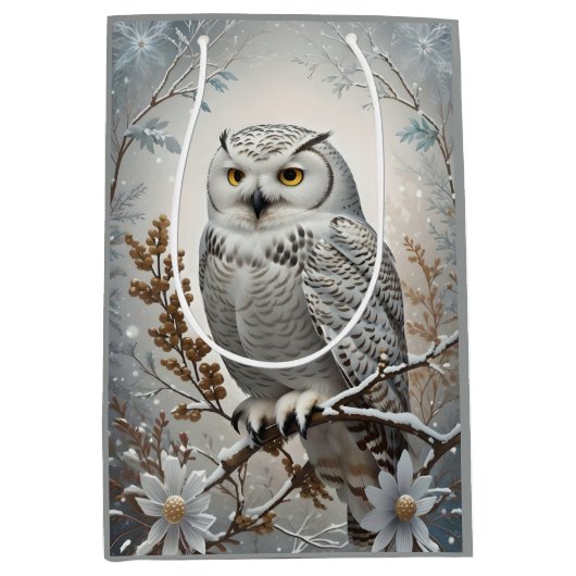Mooie witte besneeuwde uil winter thema medium cadeauzakje (Voorkant)