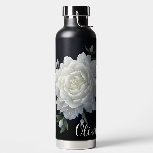 Mooie Witte Bloem met Naam Waterfles (Links)