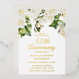Mooie Witte Bloemen & Gold 50e Jubileum Folie Uitnodiging