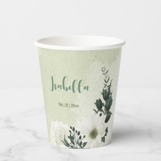 Mooie witte bloemen groene bladeren papieren bekers (Voorkant)
