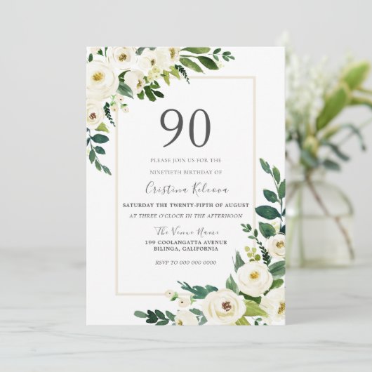 Mooie witte bloemen met Lijst 90e verjaardag Kaart (Staand voorkant)