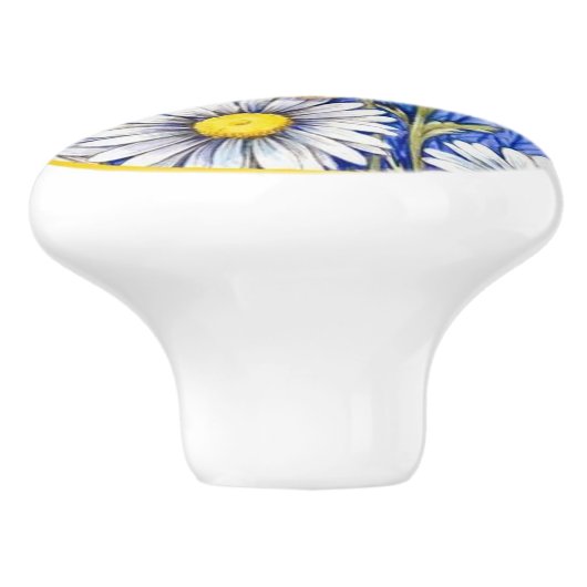 Mooie witte bloemen op blauwe achtergrond keramische knop (Zijkant)