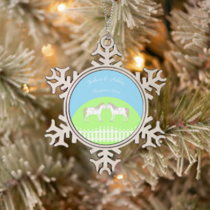 Mooie witte bruiloft paarden op maat tin sneeuwvlok ornament