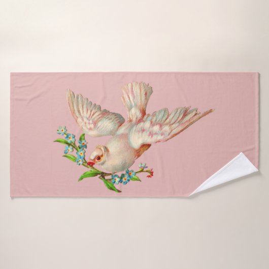 mooie witte duif met kraag in zijn mond bad handdoek (Badhanddoek)