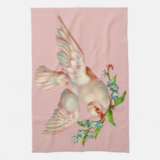 mooie witte duif met kraag in zijn mond theedoek (Verticaal)