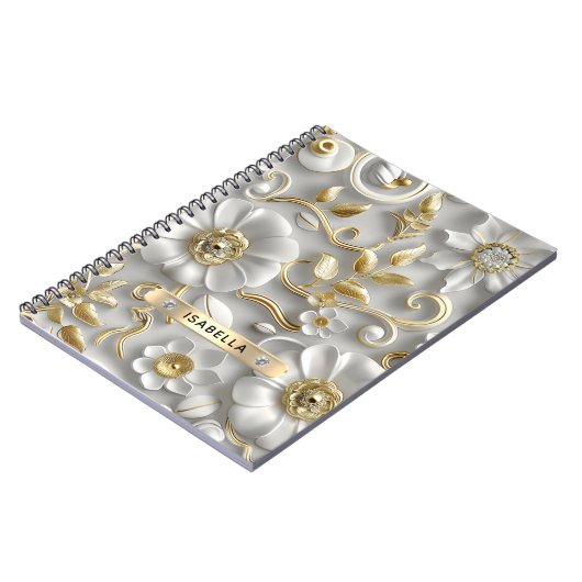 Mooie witte en gouden 3D bloem aangepaste naam Notitieboek (Linkerzijde)