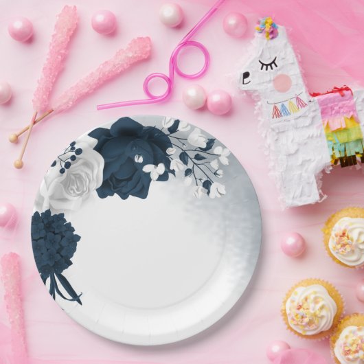 Mooie witte en marinesbloemen papieren bordje (Feest)