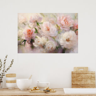 Mooie witte en roze pioenrozen waterverfschilderij poster