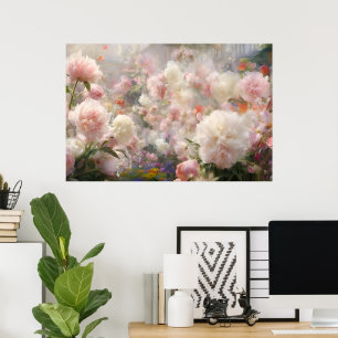 Mooie witte en roze pioenrozen waterverfschilderij poster