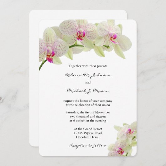 Mooie witte en warme roze orchideeën bruiloft kaart (Voorkant / Achterkant)