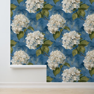 Mooie witte hortensia op blauw behang