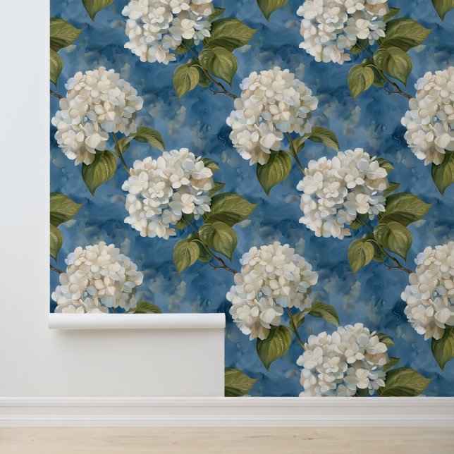 Mooie witte hortensia op blauw behang (Applicatie)