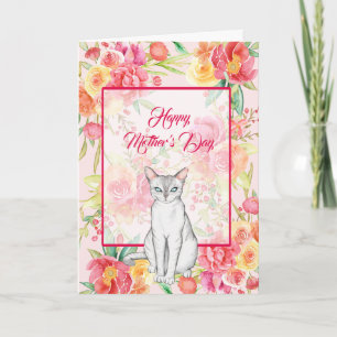Mooie witte kat met Waterverf bloemen Kaart