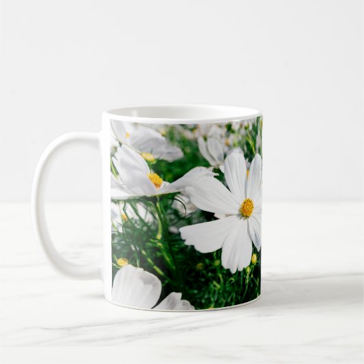 Mooie witte kosmos bloemen bloeien in tuinschildpa koffiemok (Links)