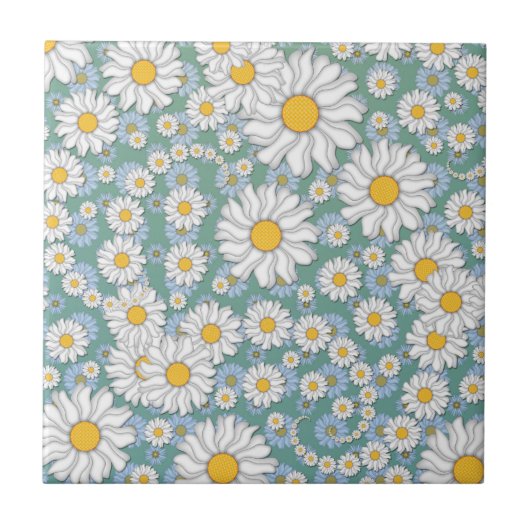 Mooie Witte Madeliefjes op Stof Blauwgroen Groen Tegeltje (Voorkant)