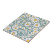 Mooie Witte Madeliefjes op Stof Blauwgroen Groen Tegeltje (Zijkant)