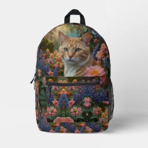 Mooie witte oranje kat in bloementuin bedrukte rugzak