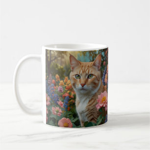 Mooie witte oranje kat in bloementuin koffiemok