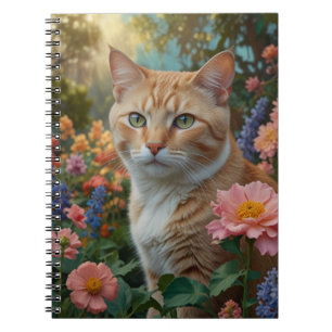 Mooie witte oranje kat in bloementuin notitieboek