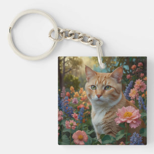 Mooie witte oranje kat in bloementuin sleutelhanger