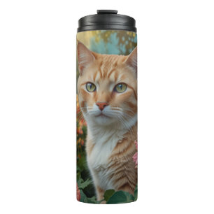 Mooie witte oranje kat in bloementuin thermosbeker