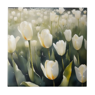 Mooie witte tulpen tuin aquarel schilderij tegeltje