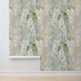 Mooie witte wisteria op blauw behang