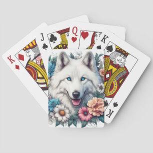 Mooie Witte Wolf en Bloemen Pokerkaarten