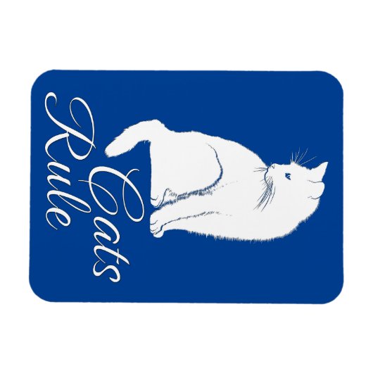 Mooie Witte Zittende Kat met "Katten Regel" Tekst Magneet (Horizontaal)