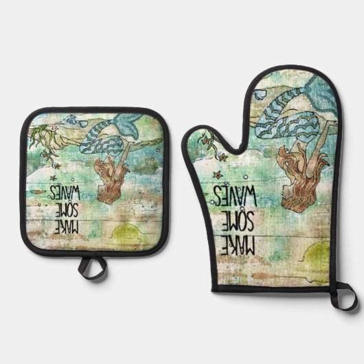 Mooie zeemeermin maakt wat golven ovenwant & pannenlap set (Voorkant)