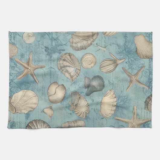 Mooie  zeeschelpen in blauw theedoek (Horizontaal)