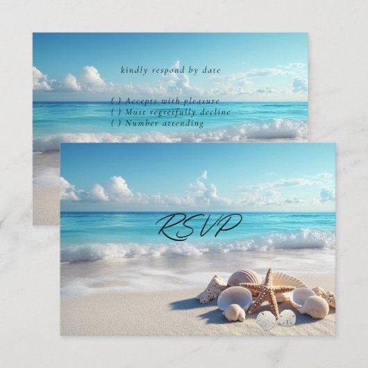 Mooie zeeschelpen Zeester Strand Huwelijk  RSVP Kaartje (Voorkant / Achterkant)