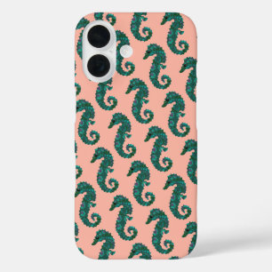 Mooie Zeevaart Teal en Koraal Zeepaardjes Patroon iPhone 16 Hoesje