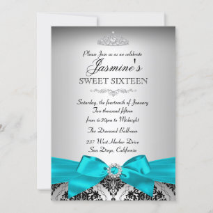 Mooie zilveren en turquoise damast Sweet 16 uitnod Kaart