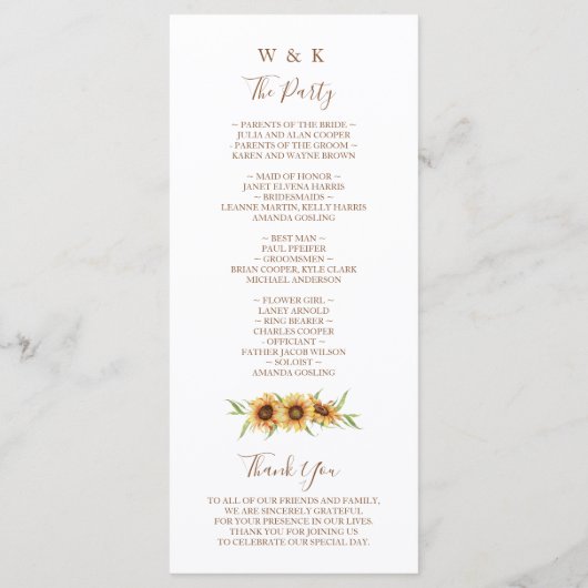 Mooie, Zonnebloem bruiloft Programma (Achterkant)