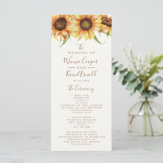 Mooie, Zonnebloem bruiloft Programma (Staand voorkant)
