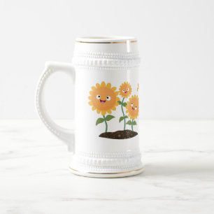 Mooie zonnebloemen die cartoon glimlachen bierpul
