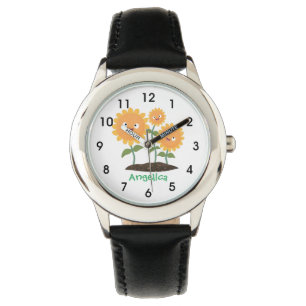 Mooie zonnebloemen die cartoon glimlachen horloge